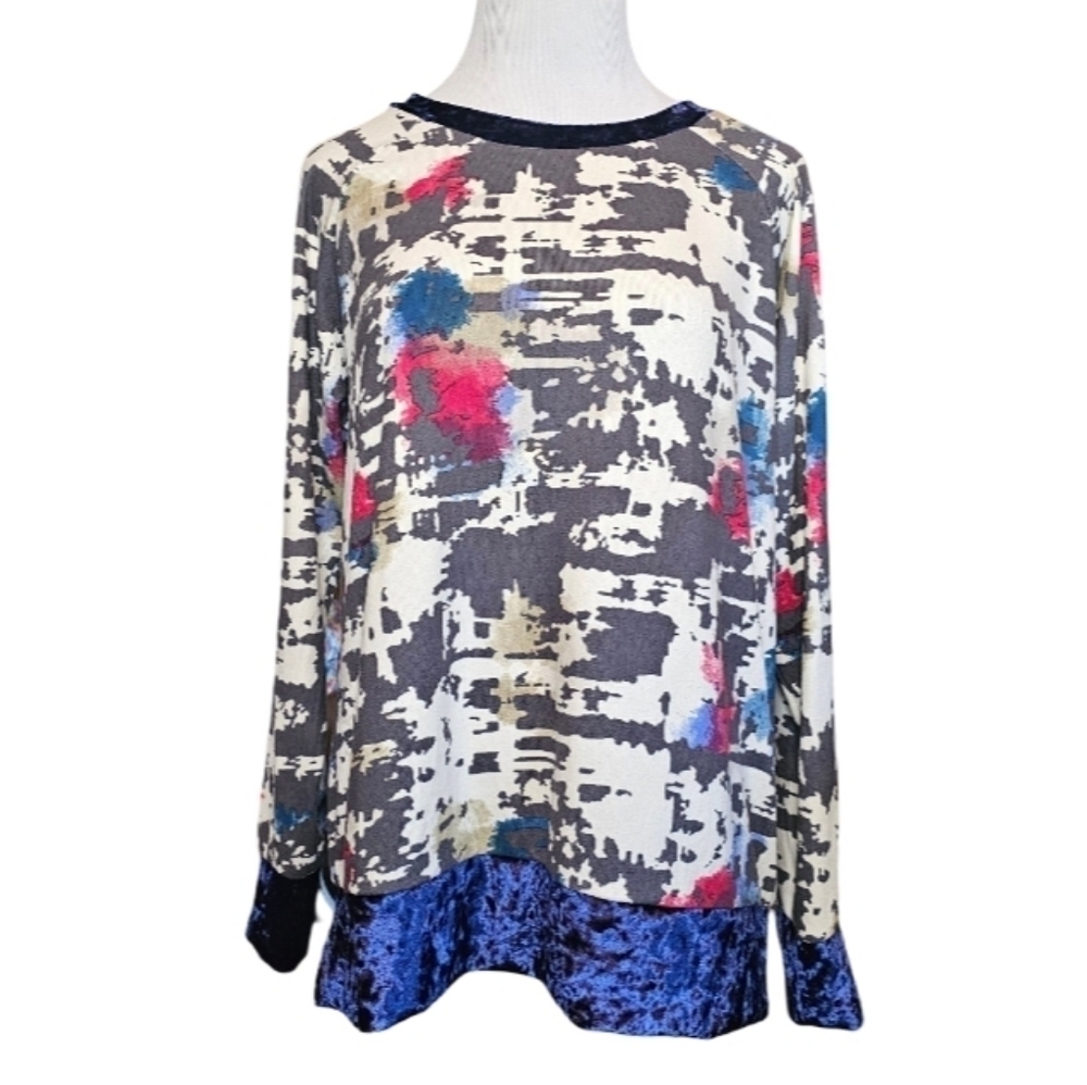 NEW HONEYME Abstract Print Velour Trim Long Sleeve Top Medium